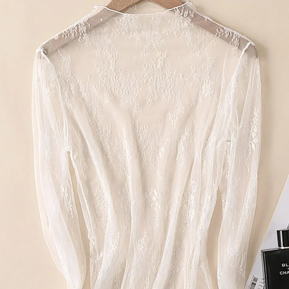 H-11 Long Sleeve Mesh Lace Top, White - Picture 1 of 4